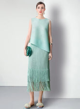 HEYFANCYSTYLE Luxury Women's Flowy Plissé Pleated Top & Tassel Skirt Set